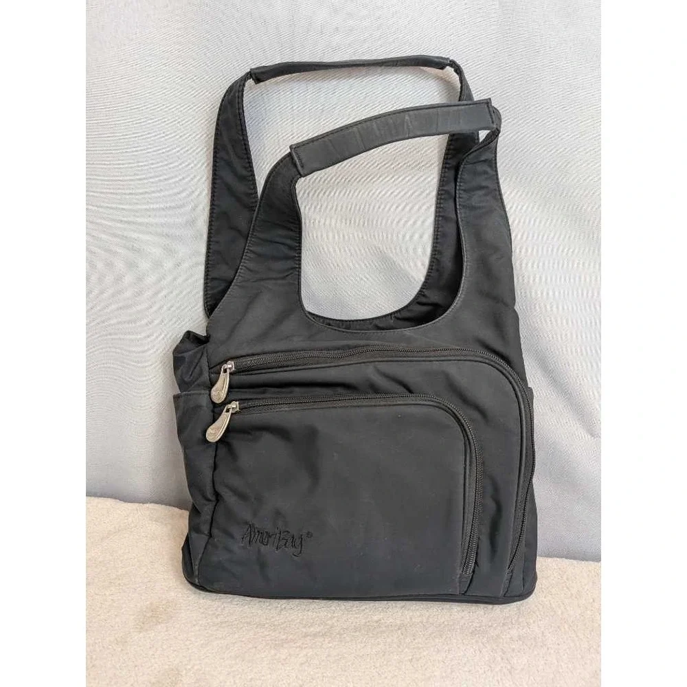 AmeriBag Black Nylon Shoulder Bag Hobo‎ Purse Organizer Multi Pocket